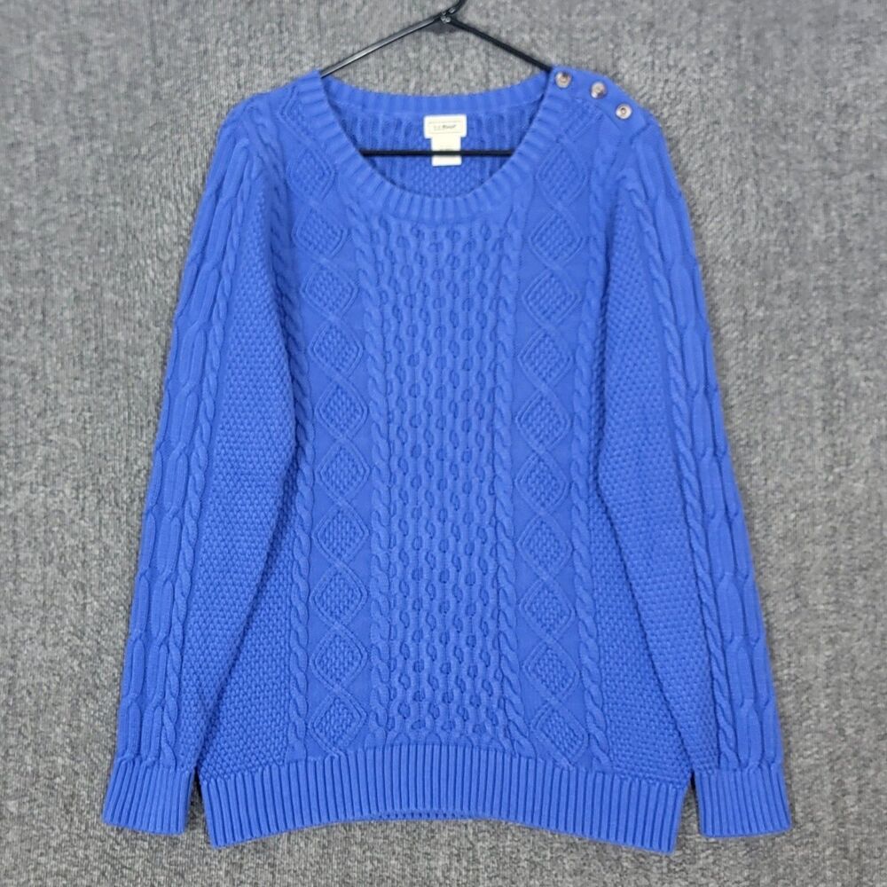 LL Bean Sweater Womens XL Blue Cable Knit Fisherman Long Sleeve Cotton Preppy